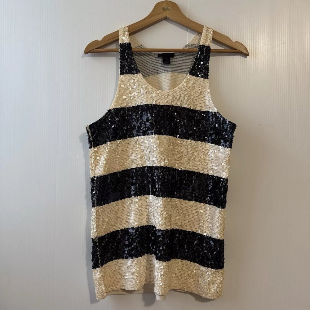 J. CREW COLLECTION Sequins Tank Top Cotton Sz XS Striped Ivory Black Women’s